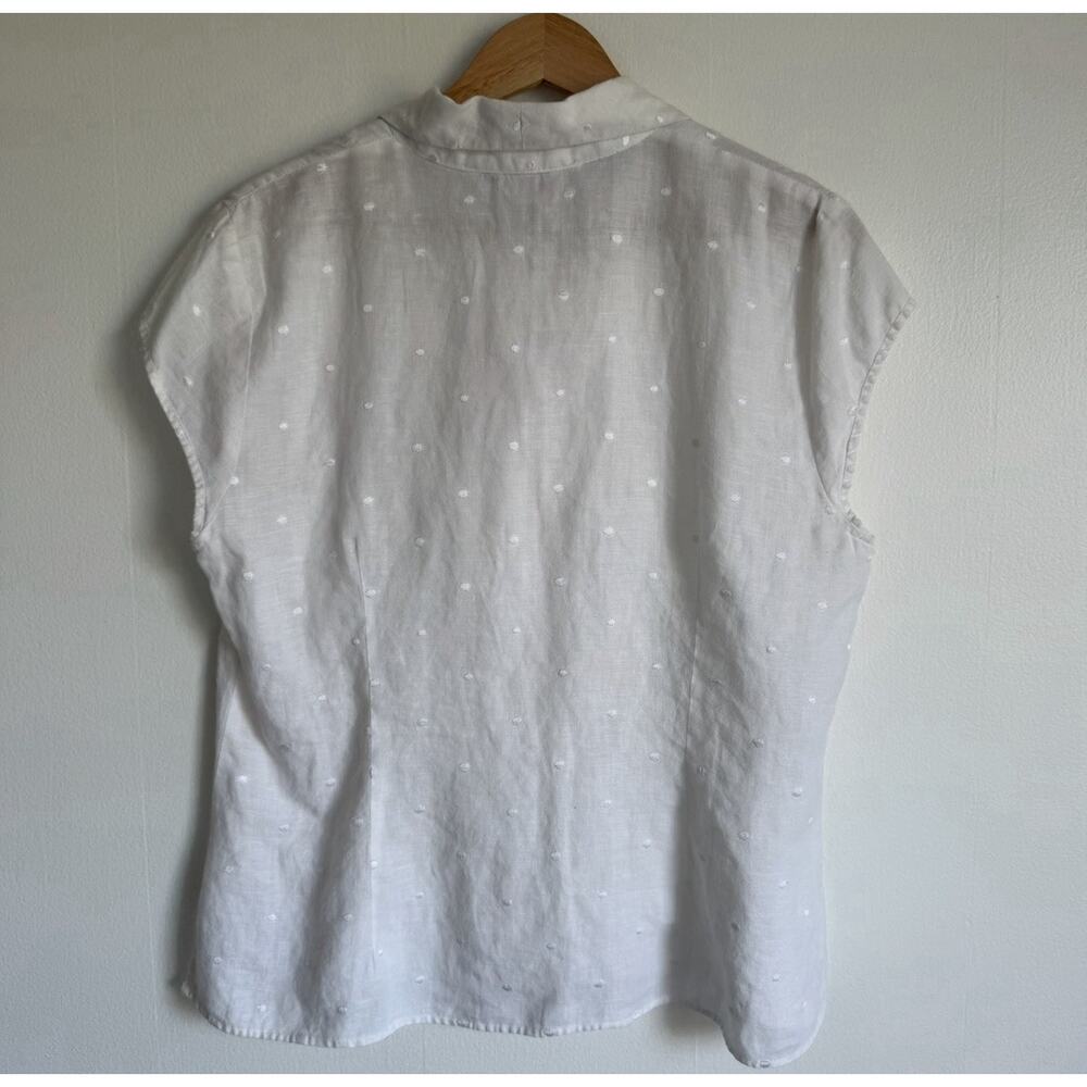 Richard Malcolm 100% Irish Linen XL White Swiss Dot Button Front Cap Sleeve Top - Picture 4 of 6